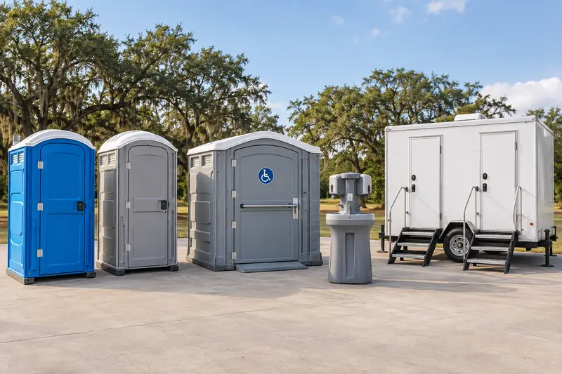 Portable toilets, washing and restroom trailer lineup